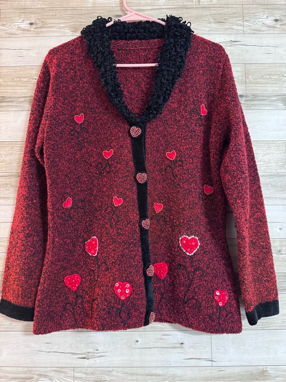 Red Heart Embroidered Women's Sweater Cardigan